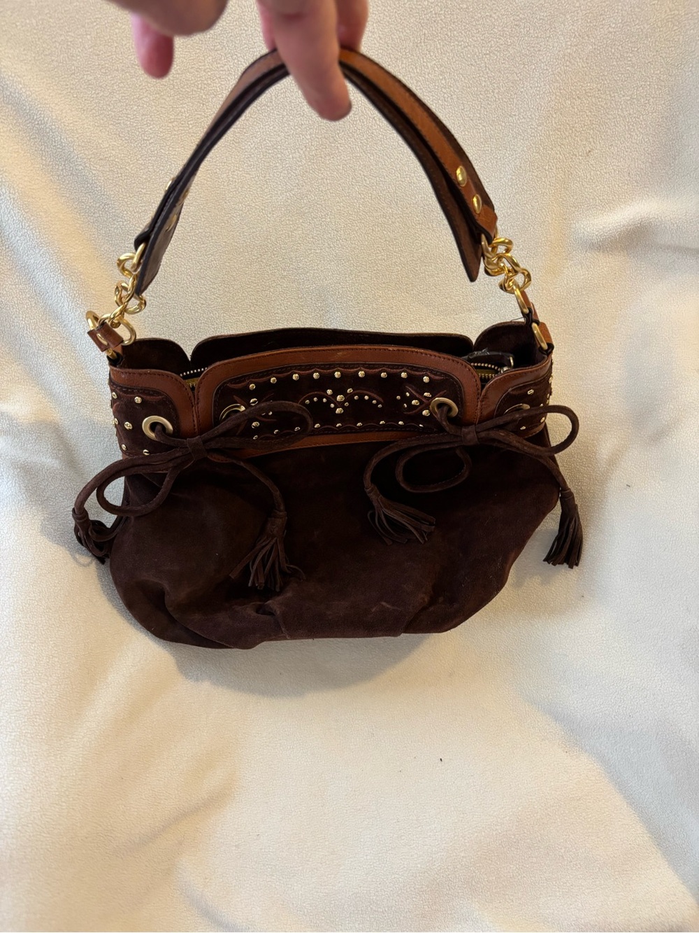 Dark Brown Suede Shoulder Bag with Tassel and Stud Accents